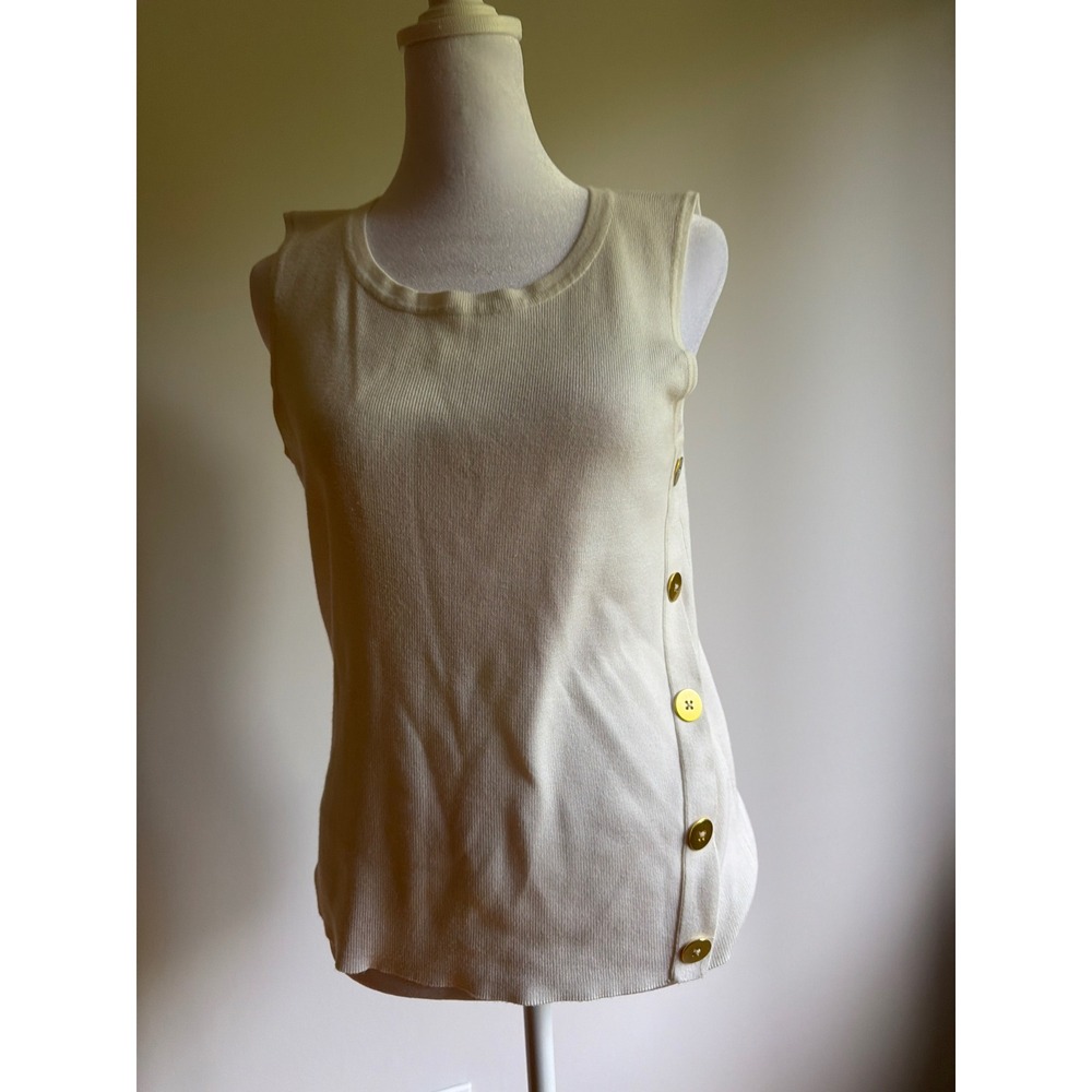Cable & Gauge Cream Knit Shell Sleeveless Top Gold Side Buttons Crew Neck Mens
